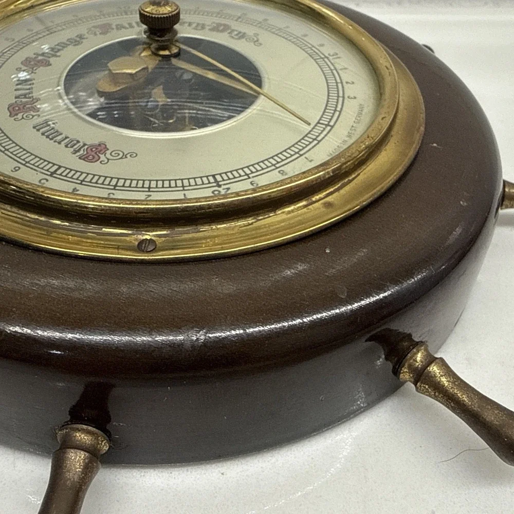 Vintage Aneroid Barometer Ships Wheel Nautical Wood Brass West Germany Tested